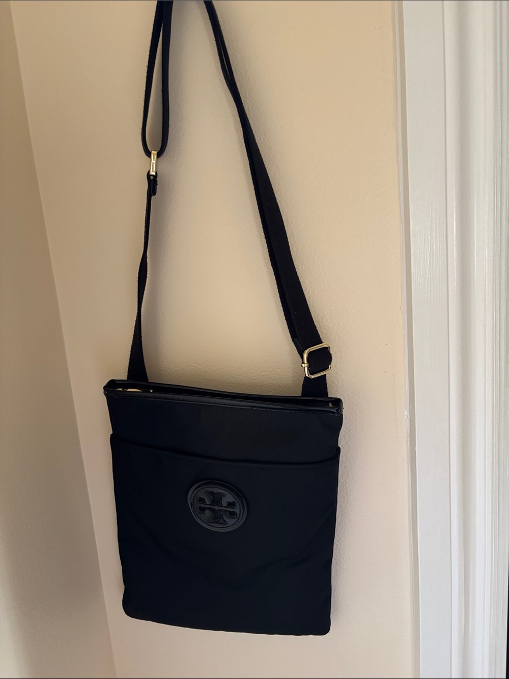 Black Crossbody Sling Bag with Logo Patch a